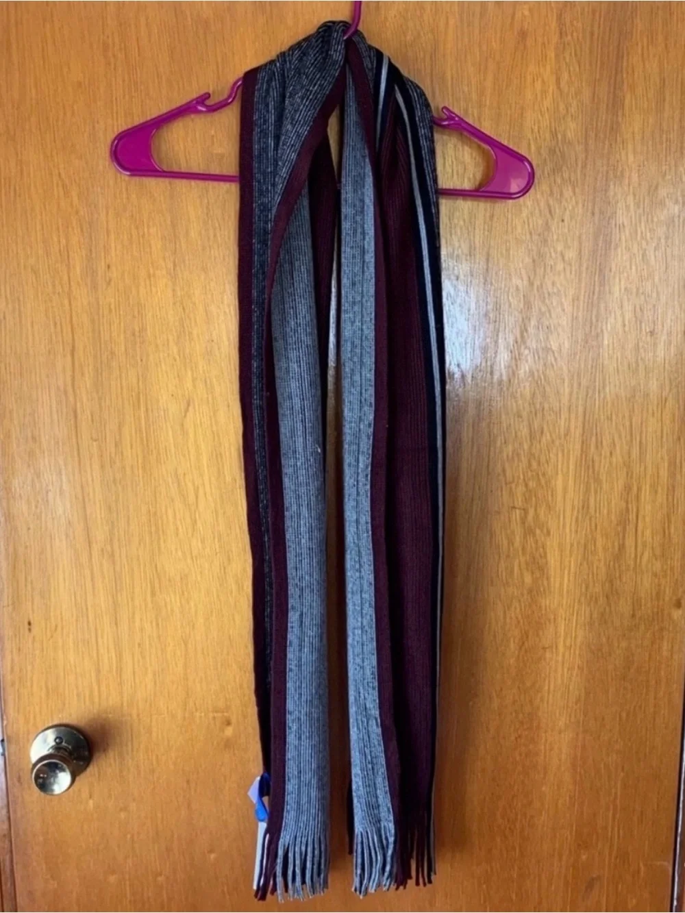 Men's Striped Knit Scarf in Gray and Dark Red